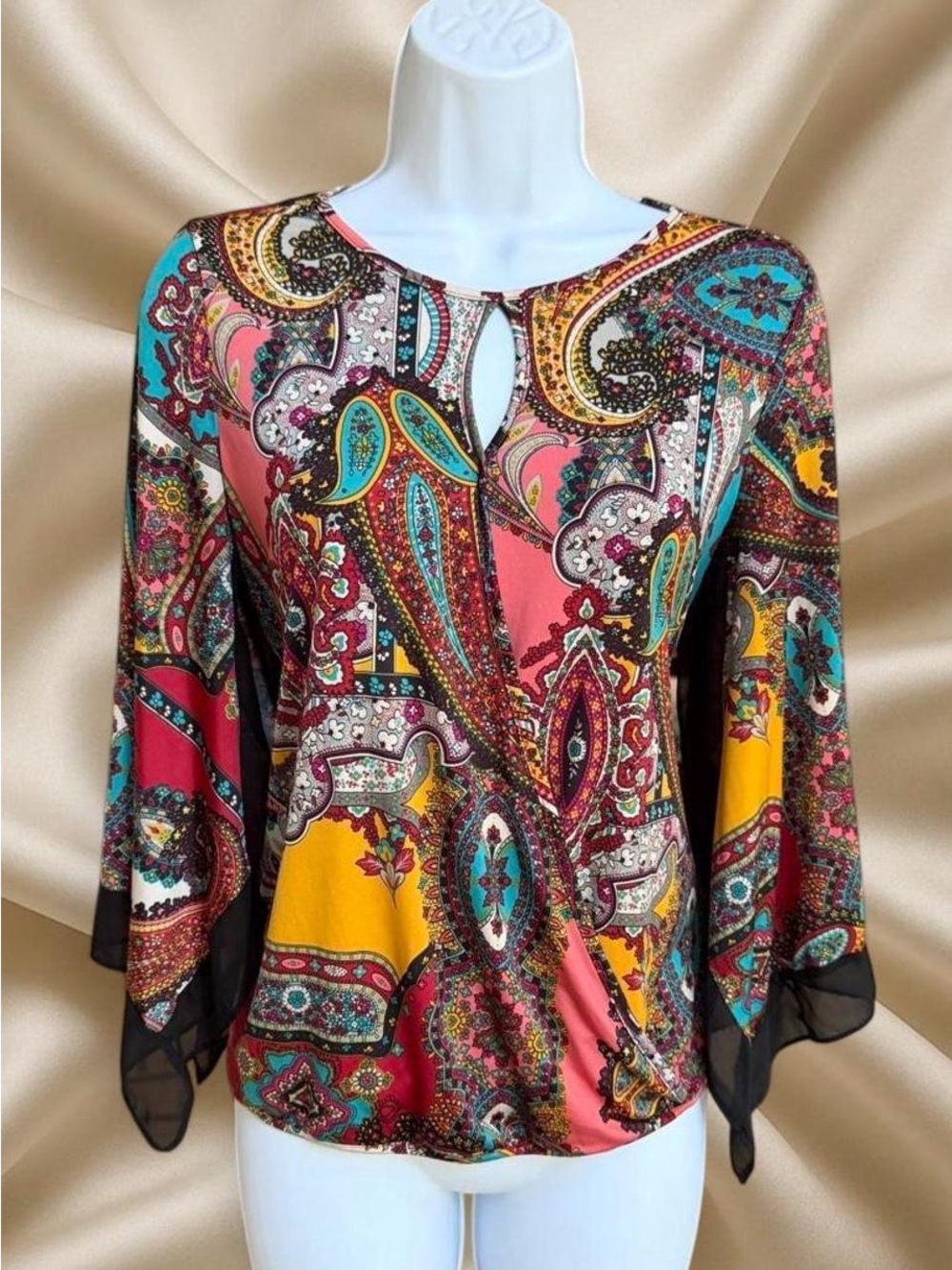 Paisley Print Long-Sleeve Keyhole Blouse - Multicolor